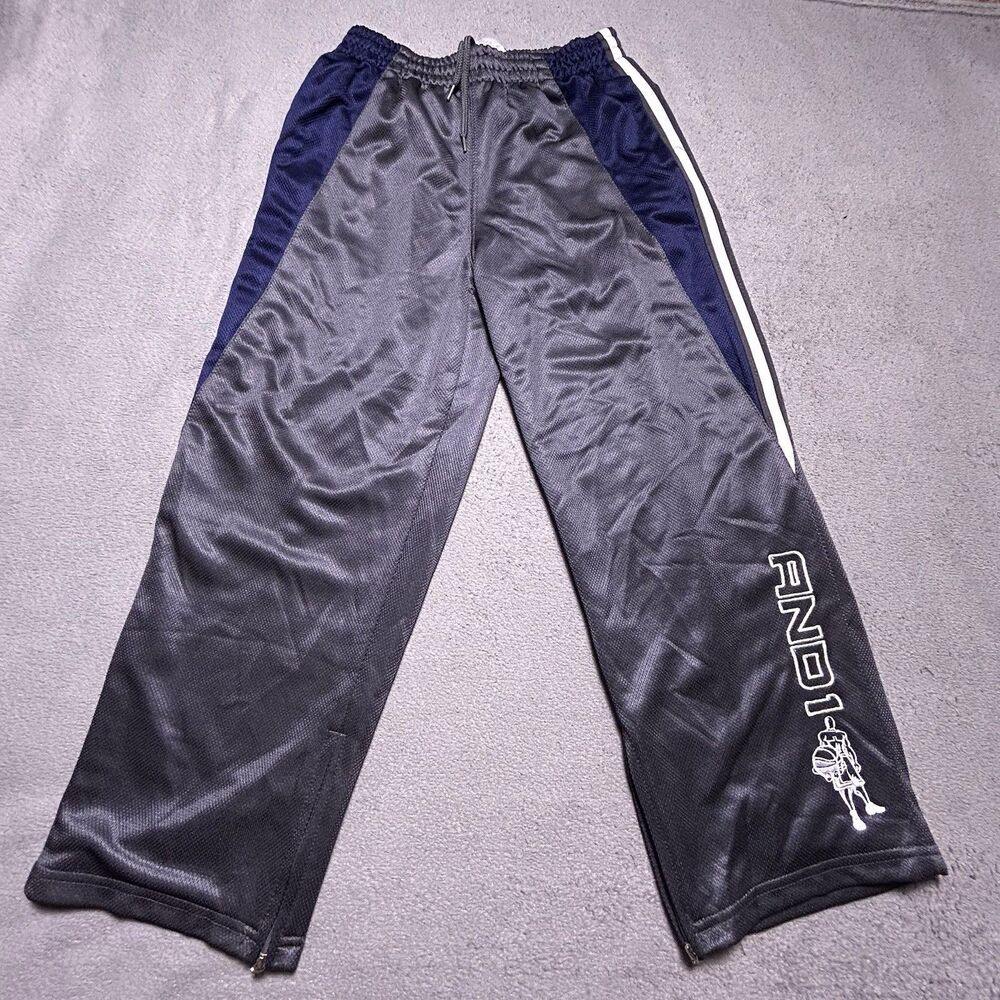 AND1 Mesh Basketball Track Pants Boys S 8 Gray Navy Y2K Streetwear Athletic